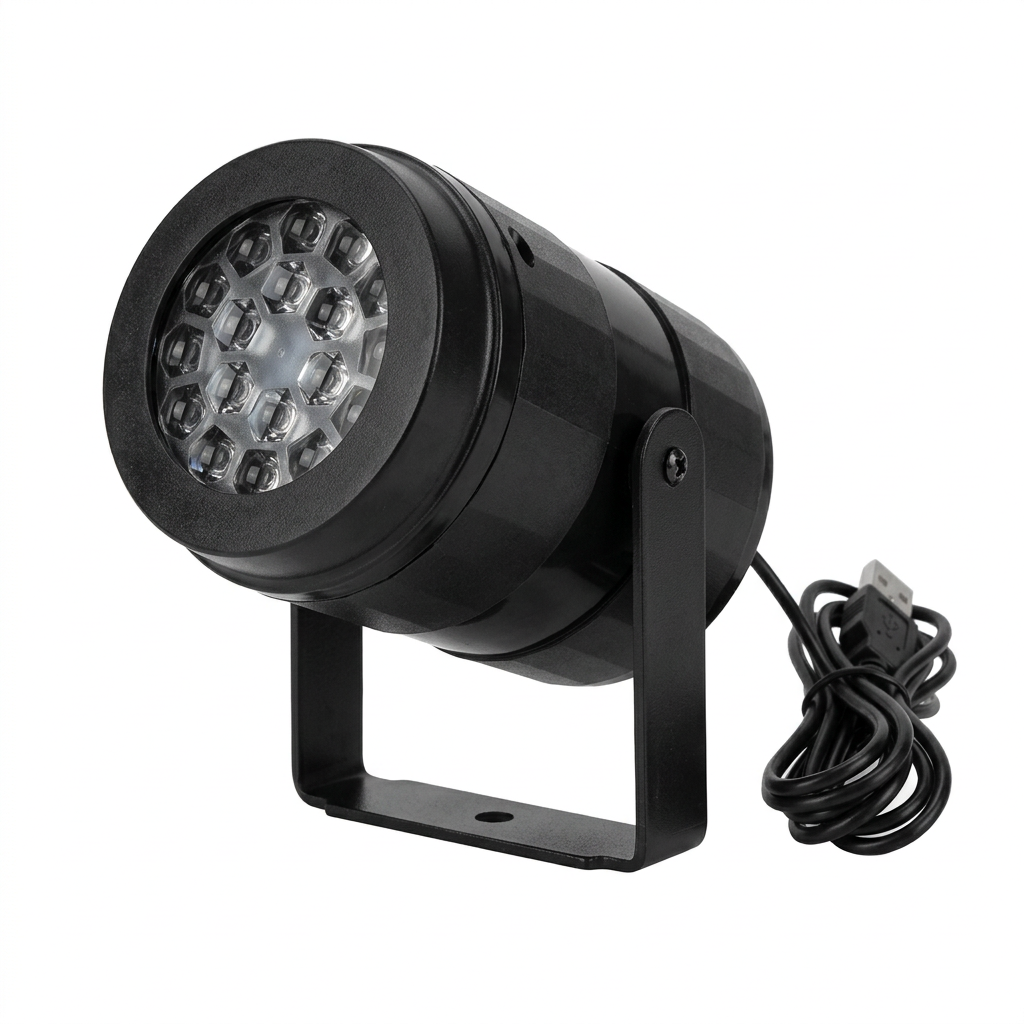 Proiector LED de Crăciun negru, vedere frontală și suport reglabil