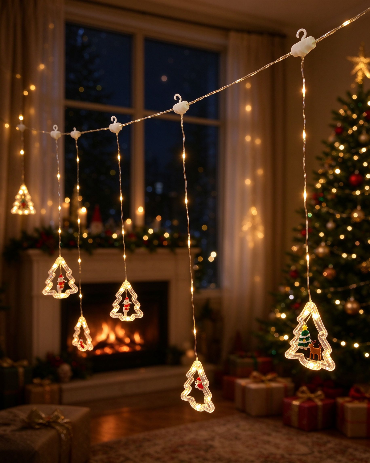 Ghirlanda luminoasă LED de Crăciun Andowl Q-LED623, 3 m, 8 ornamente în formă de brad cu figurine, alimentare USB, lumină albă caldă, 8 moduri de iluminare cu telecomandă și timer, decor fereastră și casă
