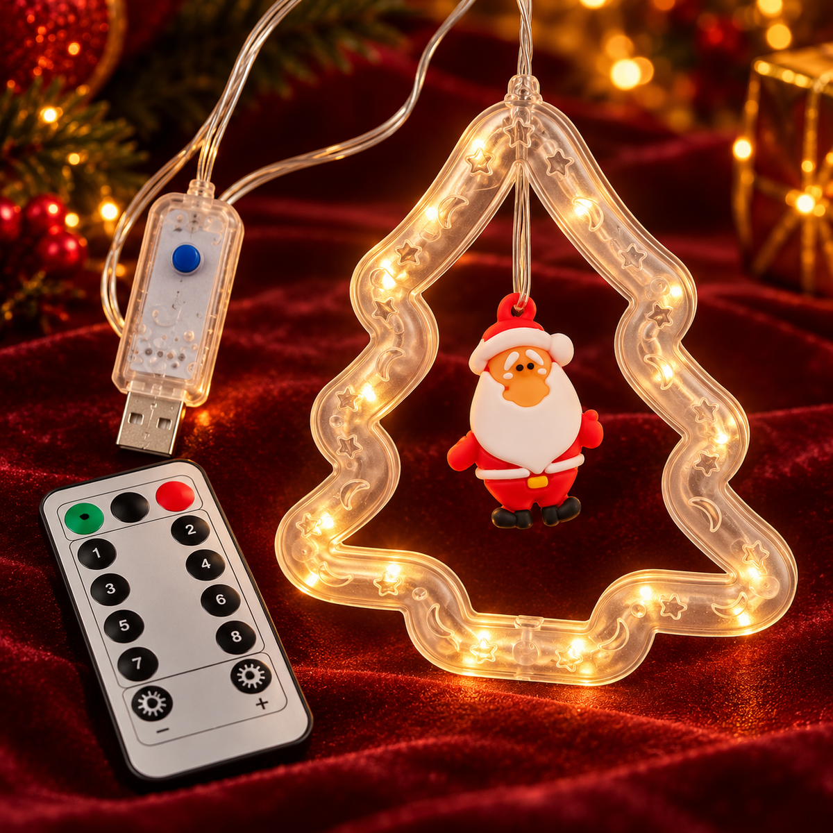 Ghirlanda luminoasă LED de Crăciun Andowl Q-LED623, 3 m, 8 ornamente în formă de brad cu figurine, alimentare USB, lumină albă caldă, 8 moduri de iluminare cu telecomandă și timer, decor fereastră și casă