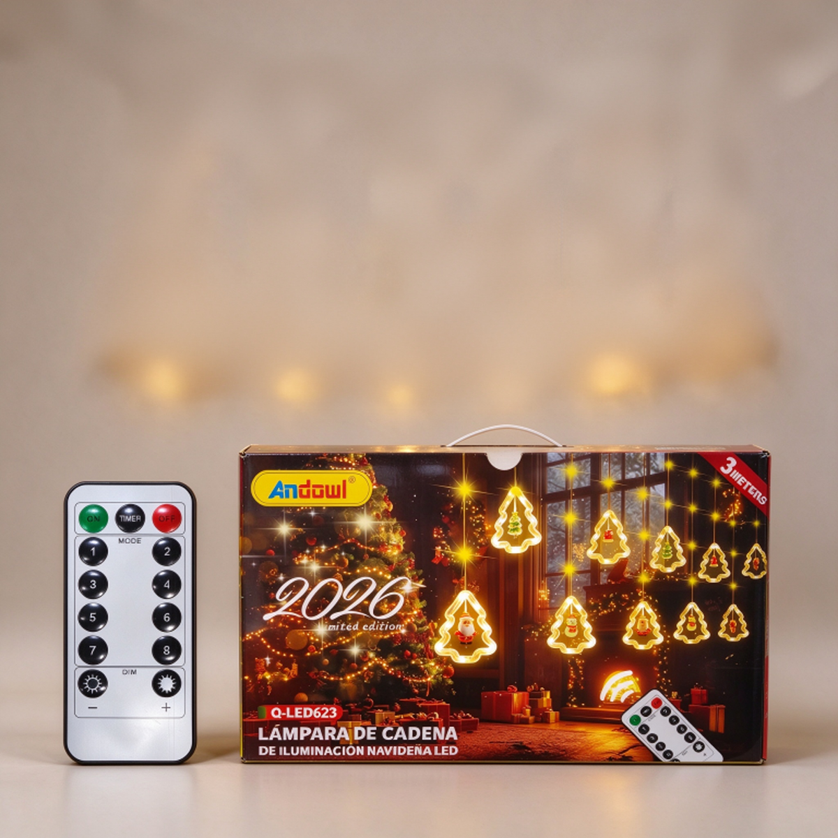 Ghirlanda luminoasă LED de Crăciun Andowl Q-LED623, 3 m, 8 ornamente în formă de brad cu figurine, alimentare USB, lumină albă caldă, 8 moduri de iluminare cu telecomandă și timer, decor fereastră și casă