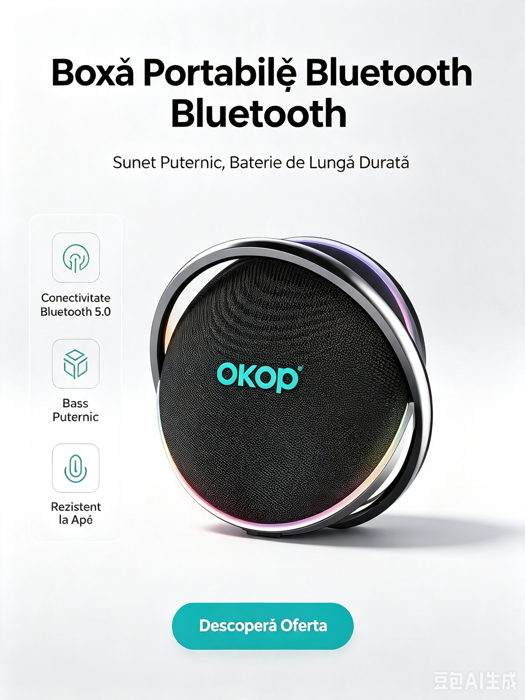Boxă portabilă OKOP KP-8004, 120W, 12000mAh, LED, TWS