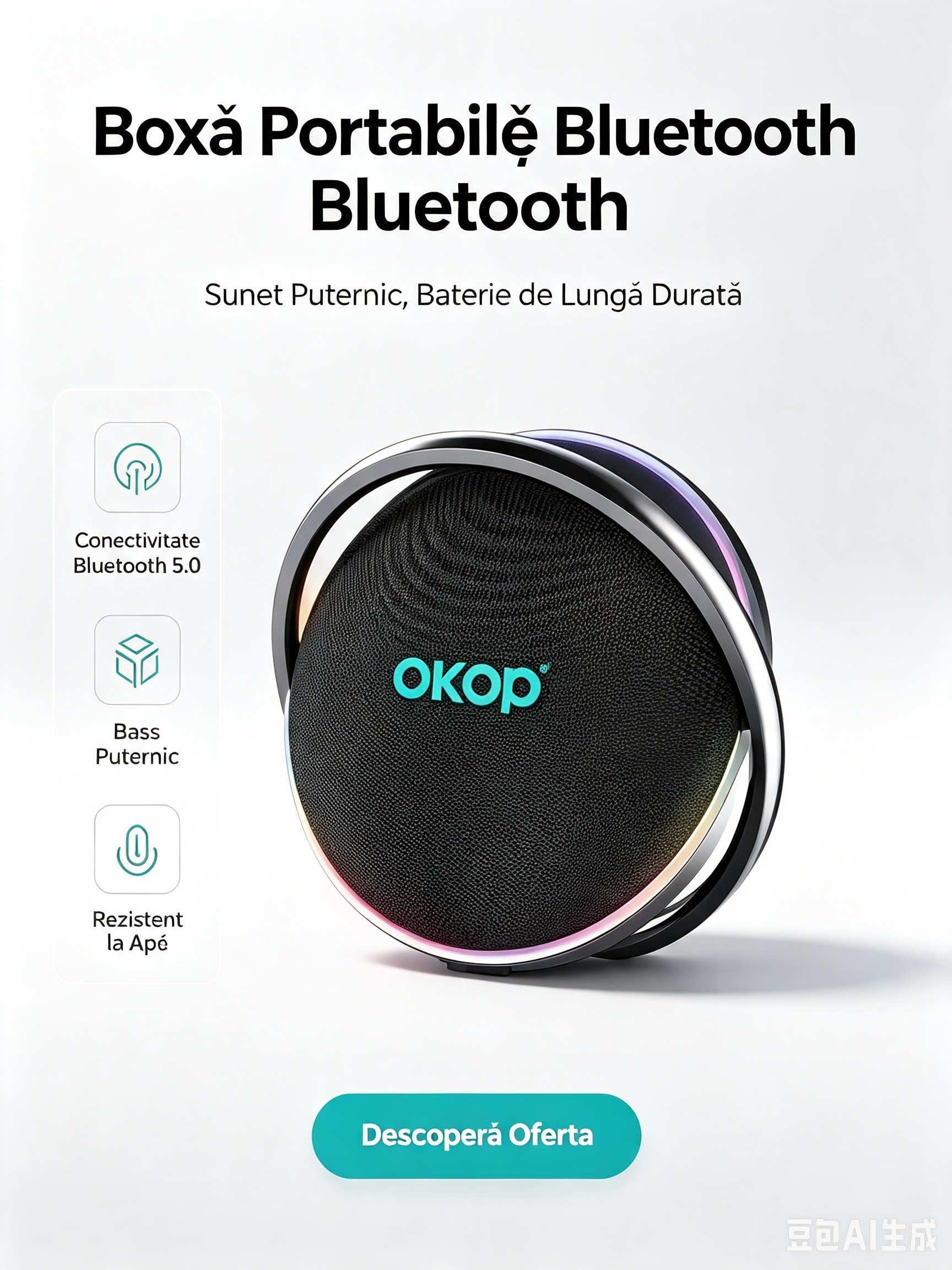 Boxă portabilă OKOP KP-8004, 120W, 12000mAh, LED, TWS