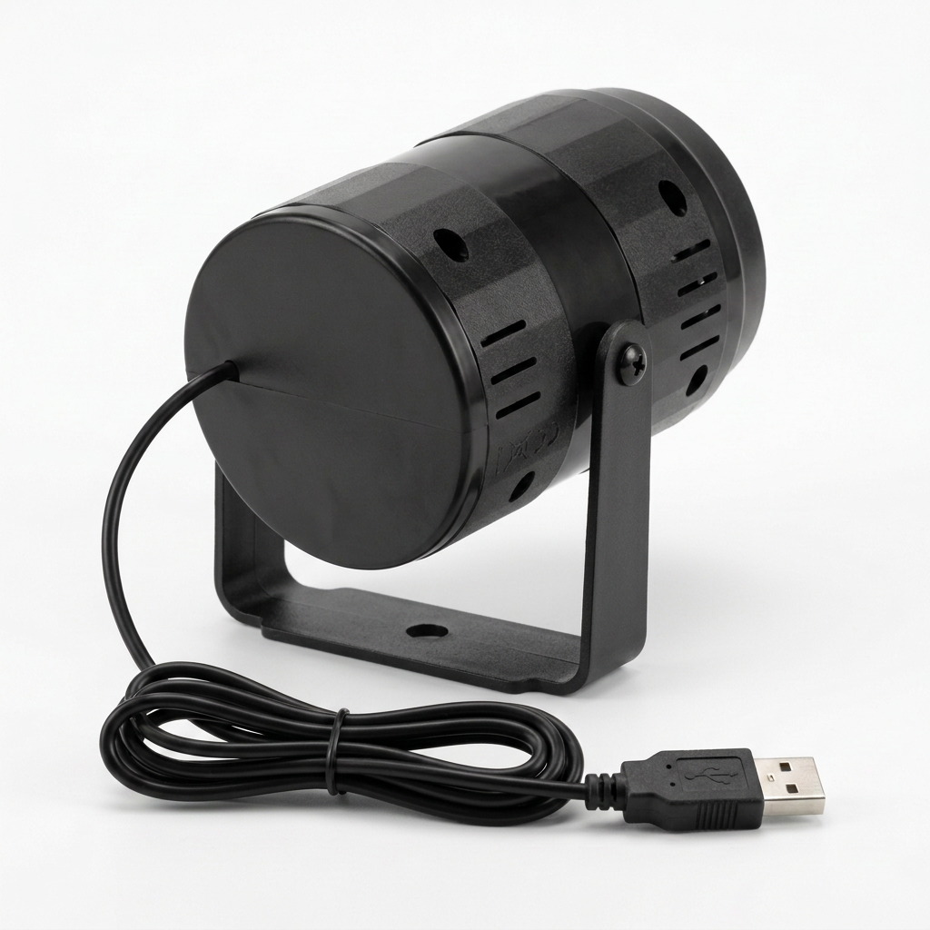 Proiector LED de Crăciun, vedere din spate și cablu USB-A